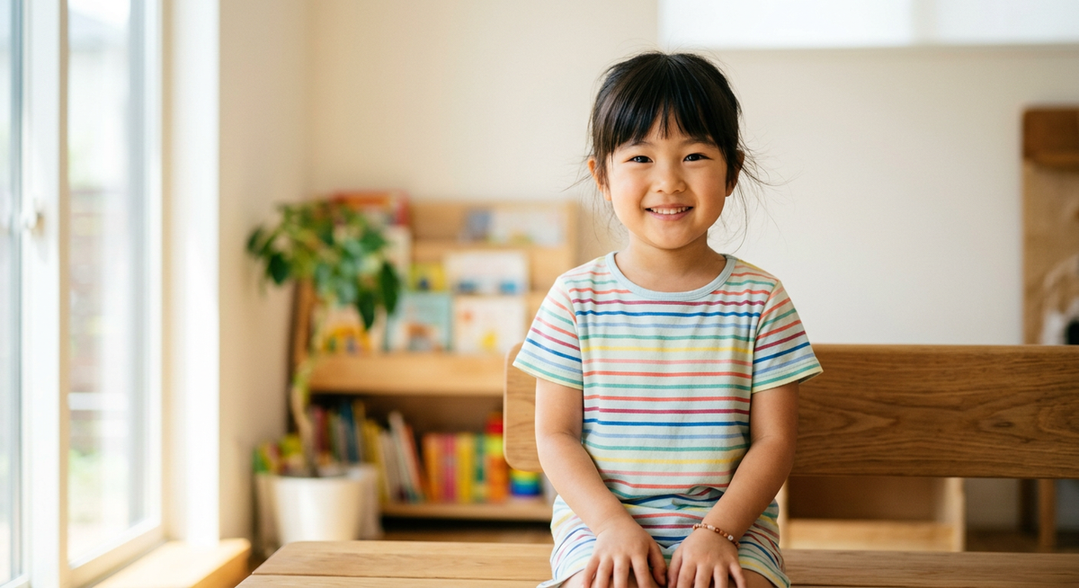 口を閉じて笑顔の子ども