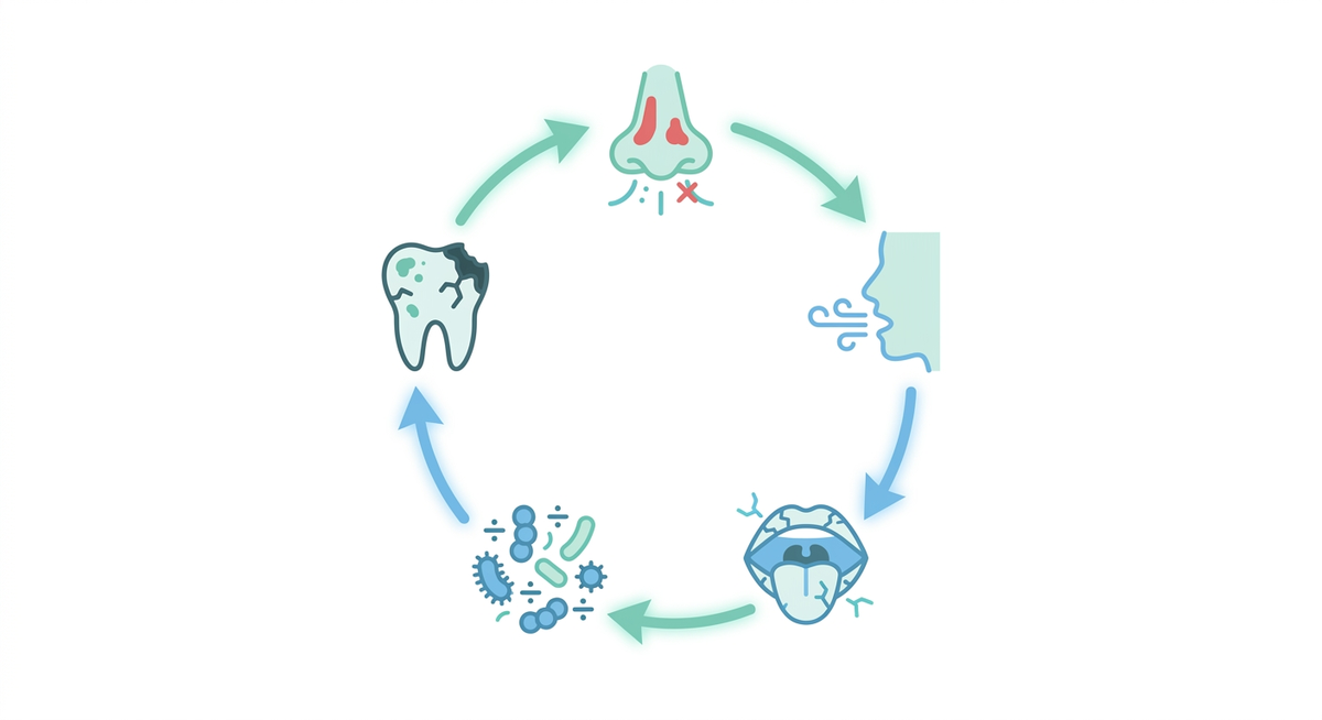 鼻づまりから口呼吸、ドライマウス、虫歯・歯周病への悪循環フロー