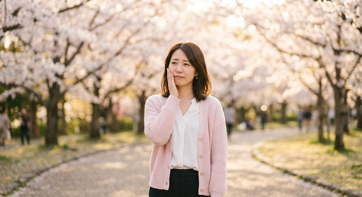 花粉症シーズンに頬を押さえて歯の痛みを感じる女性