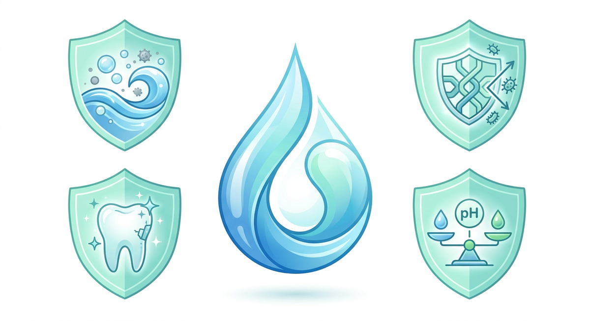 唾液の4つの役割（自浄・抗菌・再石灰化・pH緩衝）のインフォグラフィック