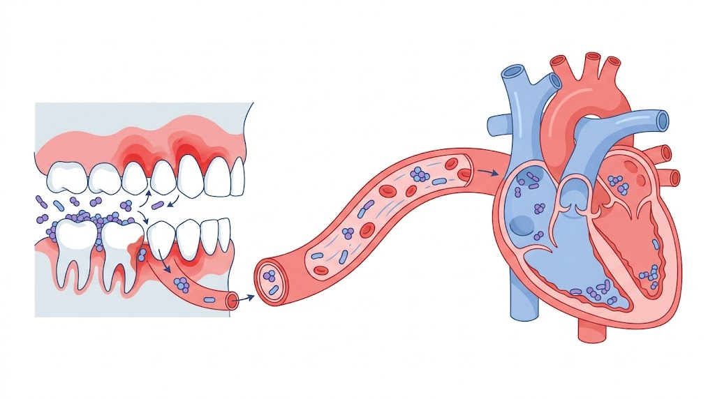 歯周病菌が歯茎の血管から心臓へと移動するメカニズムのイラスト
