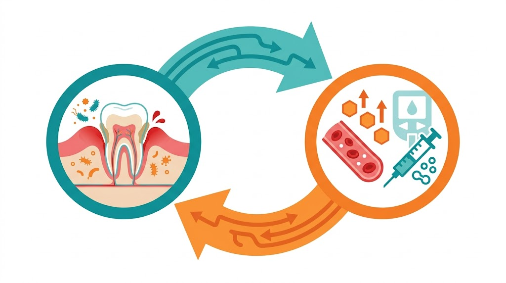 歯周病と糖尿病が互いに悪化させ合う双方向の悪循環を示す図