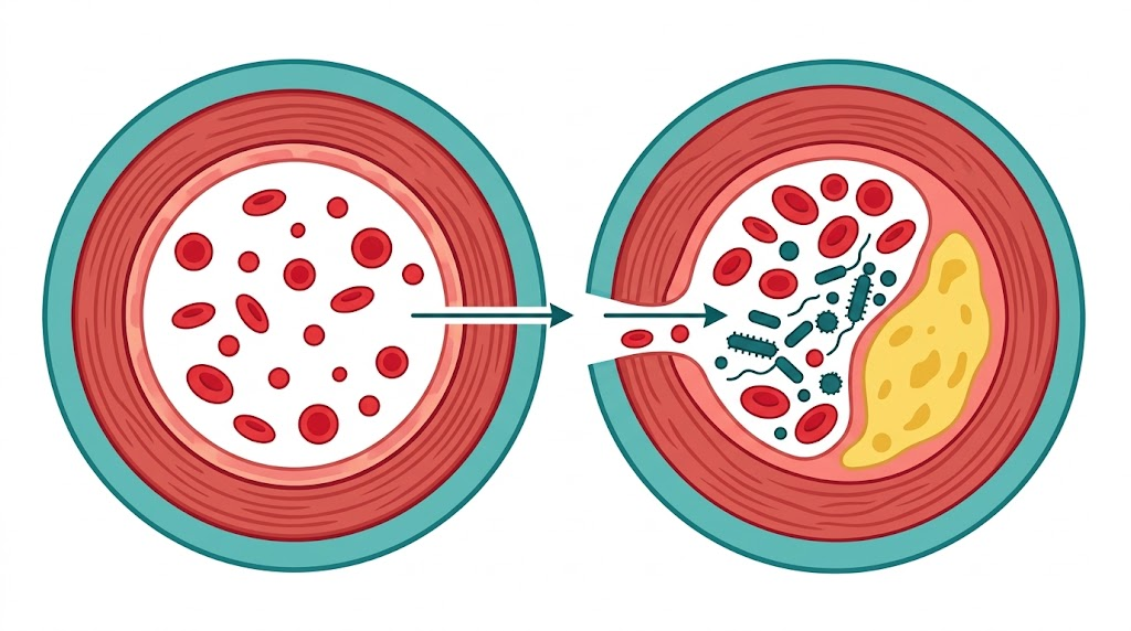 正常な血管と動脈硬化が進んだ血管の断面比較イラスト