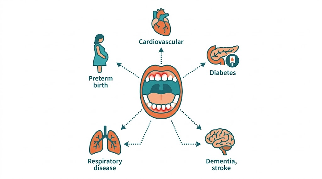 歯周病菌が口腔から全身の臓器に影響を及ぼす経路を示すインフォグラフィック