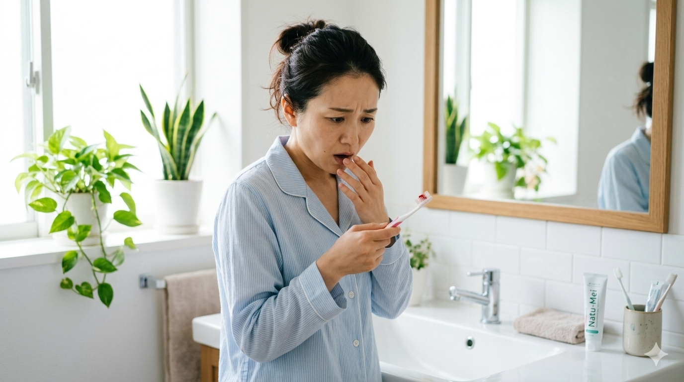 歯ブラシの出血に気づき心配そうな女性