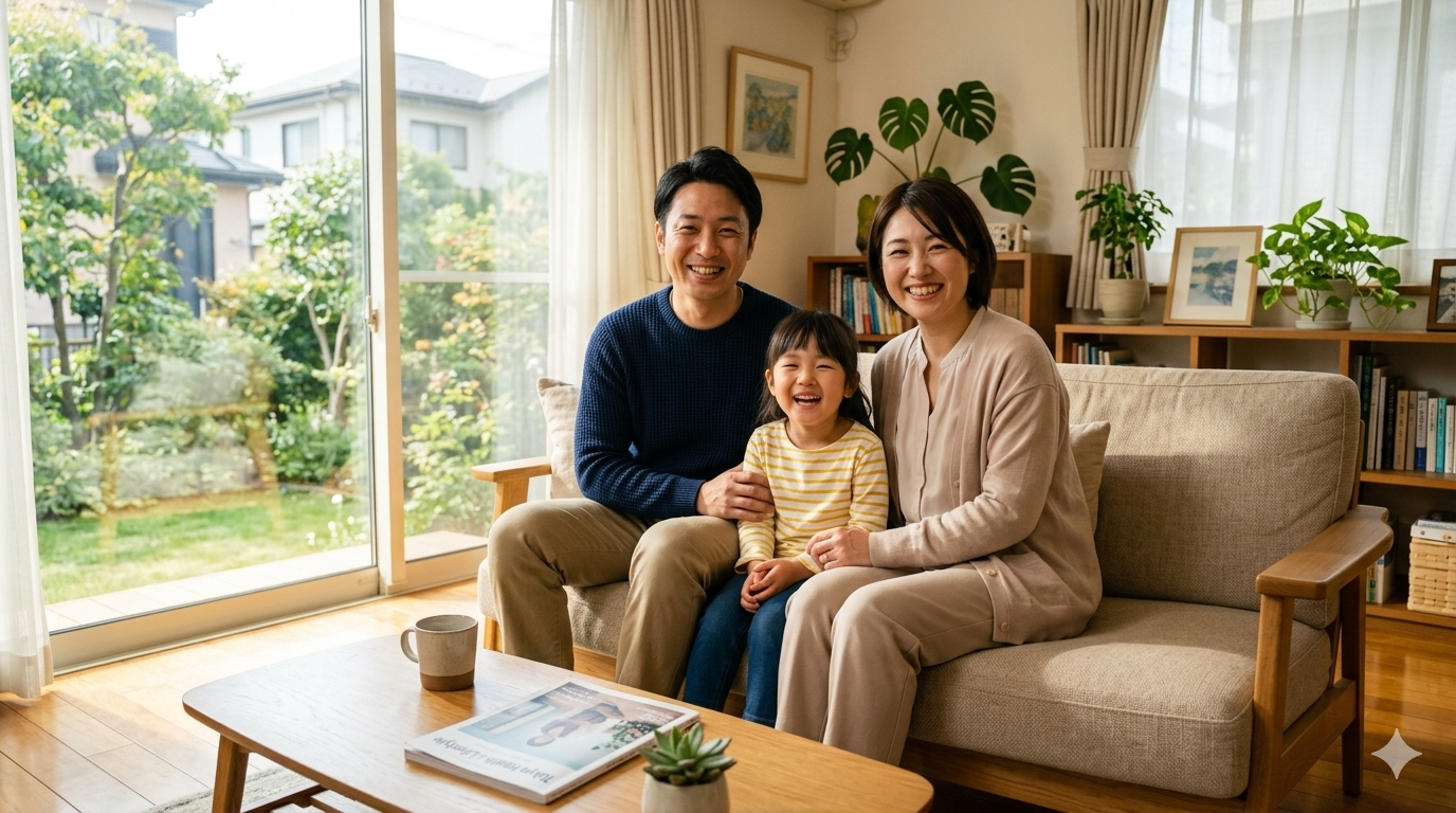 リビングで笑顔の家族